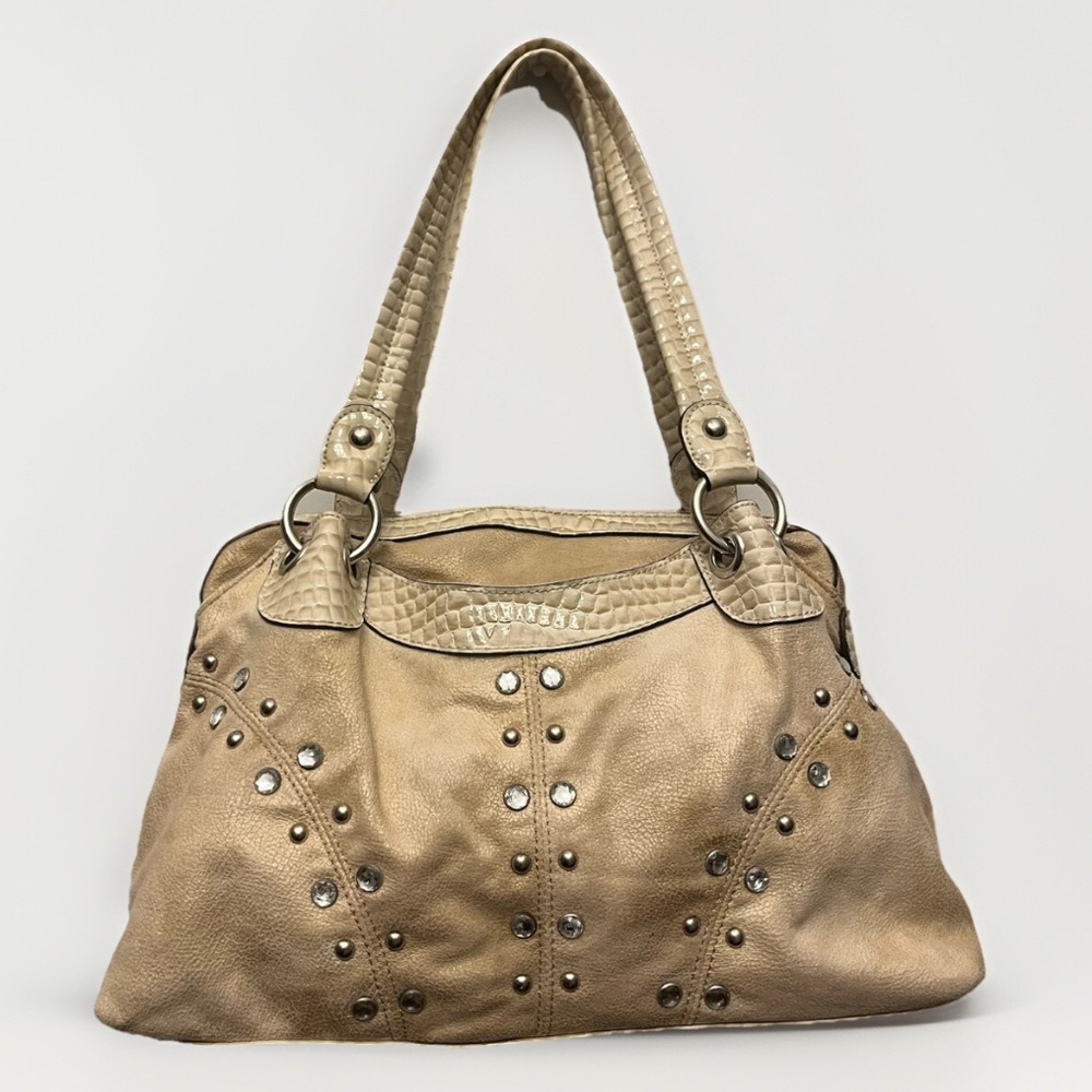 Kathy Van Zeeland Y2K McBling Studded Purse Bag Beige Croc Faux Leather Glam